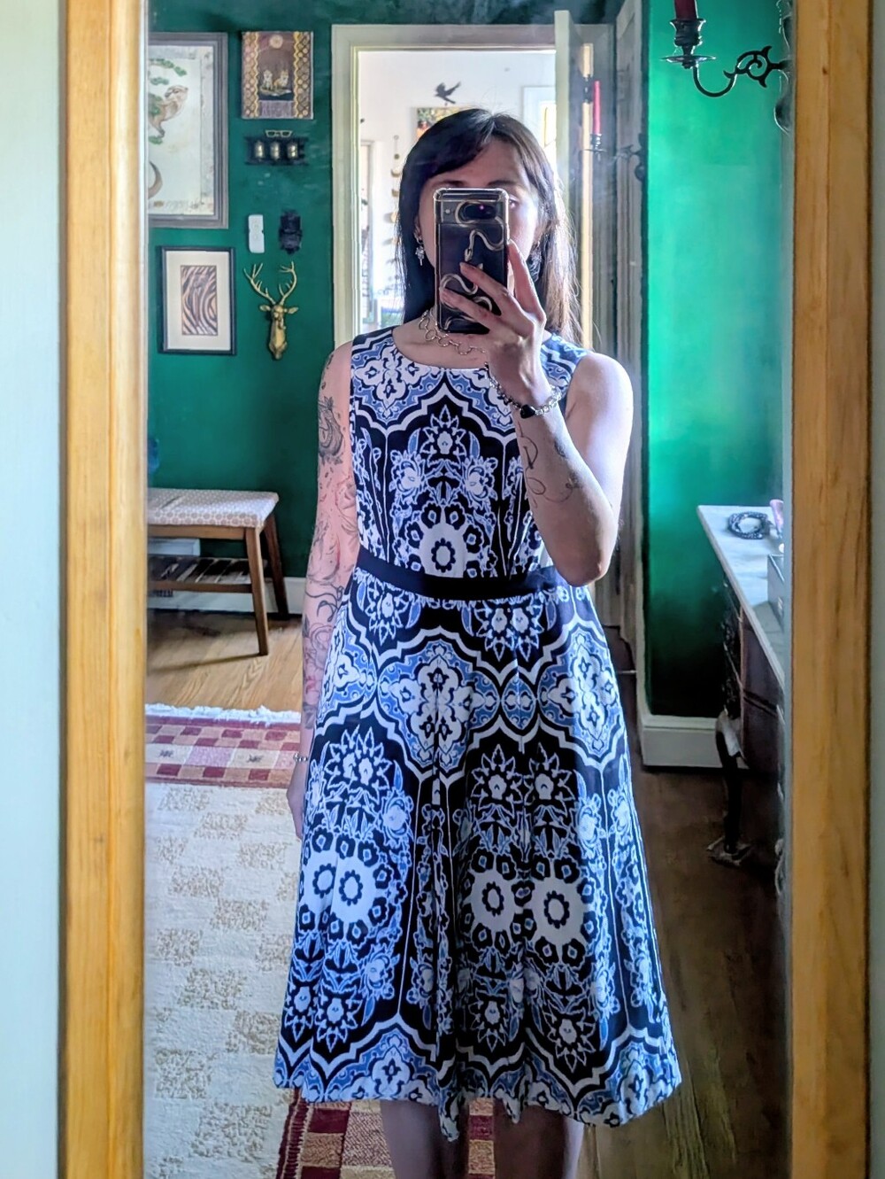 Talbots Sleeveless Navy and White Patterned Dress